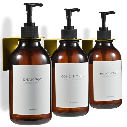 Image of Shampoo and Conditioner Dispenser Wall Mounted Set of 3 Amber Gold - No Drill Shower Soap Dispenser for Bathroom Refillable - Spa Hotel Style Accessories by MaisoNovo