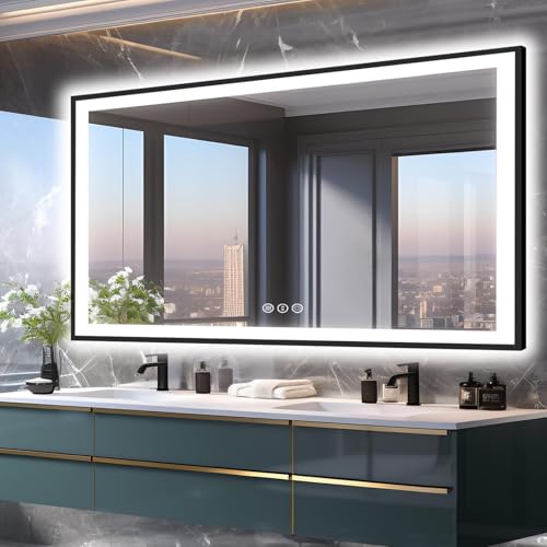 72x40 Lighted Mirrors for Bathroom Wall, Modern Rectangle Matte Black Mirror, Tempered Glass,Double Lights, 3 Colors Dimmable Temperature, IP54 Enhanced Anti-Fog, Memory (Horizontal/Vertical)