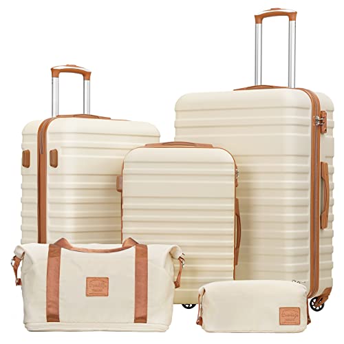 Coolife Suitcase Set 3 Piece Luggage Set Carry On Hardside Luggage with TSA Lock Spinner Wheels (White, 5 piece set) White 5 piece set