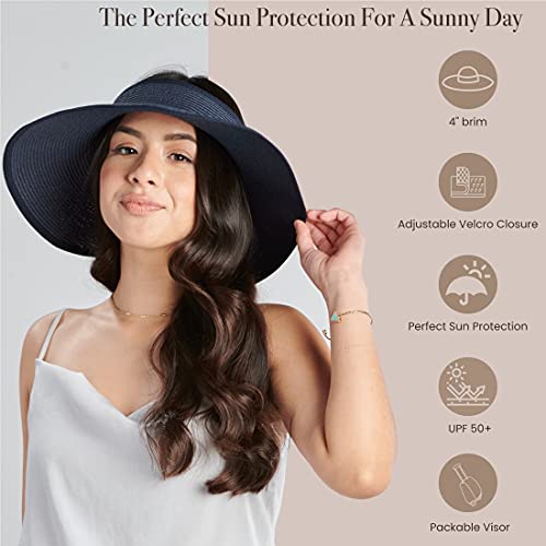 San Diego Hat Company Signature Women's Ultrabraid Large Brim Visor with Ribbon Binding & Sweatband, Sun Hats for Women, Navy