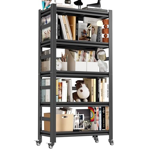 Metal Book Shelf,Adjustable Bookshelf with Wheels,Book Shelf with Storage,5 Shelf Bookshelf for Bedroom,Living Room and Home Office
