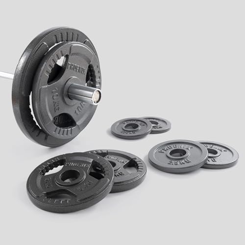 Phoenix Fitness Cast Iron Olympic Weight Plates - 2-Inch Free Weight Plate for Barbell Dumbbell Bars, Weightlifting & Strength Training at Home Gym - Pair or Set of 4: 1.25kg, 2.5kg, 5kg, 10kg, 20kg - Image 4