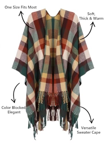 Image of Bestshe Women's Boho Open Front Poncho Plaid Shawl Wrap Cape