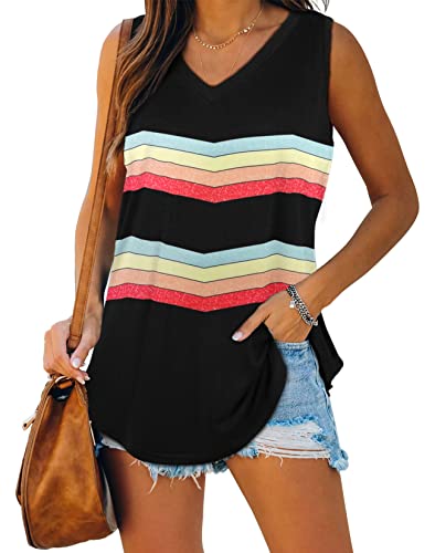 Tank Top For Women Loose Fitting Summer Casual V Neck Sleeveless Rainbow L #TOP8