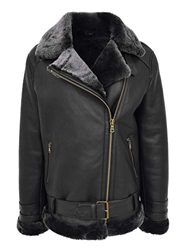 Veste peau de mouton véritable femme chaude avec ceinture et zip noir