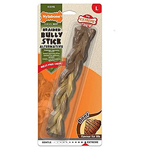 Nylabone os à ronger et jouet dentaire pour les mâcheurs agressifs, bâton tressé, goût bœuf - Grande - Convient aux grande chiens pesant jusqu’à 23 kilos Cover