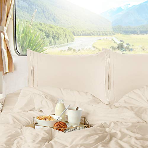 Image of Nestl Beige Cream Short Queen Sheets for RV, Hotel Luxury RV Queen Sheets Set, 6 Piece Fitted Bed Sheet Set and Pillowcases, Super Soft, Wrinkle-Free, and Breathable Camper Bedding