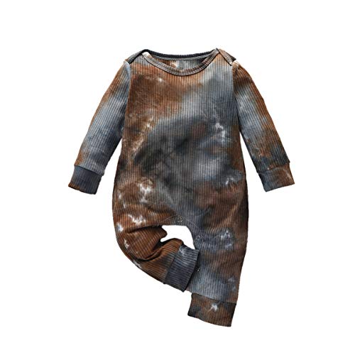 Shejingb Baby Girl Boy Ribbed Romper Jumpsuit Cotton Tie Dye Print One-Piece Bodysuit Coverall Long Sleeve Pajamas Fall Outfits (Black+Brown, 6-12 Months)