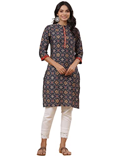 Image of Juniper Women's Navy Printed Straight Knee Length Kurta