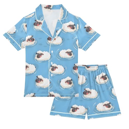 ALAZA Sheep Swimming Blue Satin Pajamas Set Short Sleeve Button Down Sleepwear Summer Pjs 2 Piece