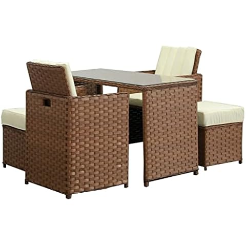 Space Saving Wicker 4 Seater Rattan Garden Dining Furniture with Glass Top Table Brown and Cream Cover