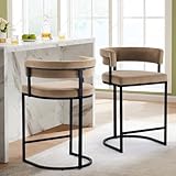 Rongbuk Set of 2 Brown Modern Velvet Bar Stools with Barrel Backrest, Upholstered Seat, and Black Metal Footrest – 25.6-Inch Seat Height, Ideal for Counters, Home Bars, and Kitchen Islands