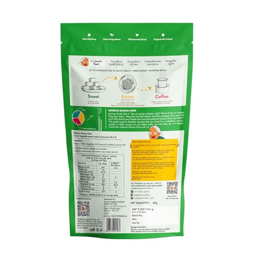 Image of Sweet Karam Coffee Nendran Banana Chips - 65 grams | Made with 100% Coconut Oil | No Preservatives | Authentic Kerala Special Crisps | Thin Sliced Yellow Plantain Wafers | Healthy Tea Time Snack