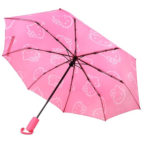 Hello Kitty Umbrella, Allover Head Print, Compact Travel, Automatic Open and Close, With Matching Sleeve, Pink
