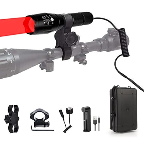 BESTSUN 350 Yard Red Light Predator Light Zoomable Long Range Night Hunting Coyote Varmint Light Tactical Hunting Led Flashlight with Pressure Switch, Picatinny & Scope Mounts, Rechargeable Batteries