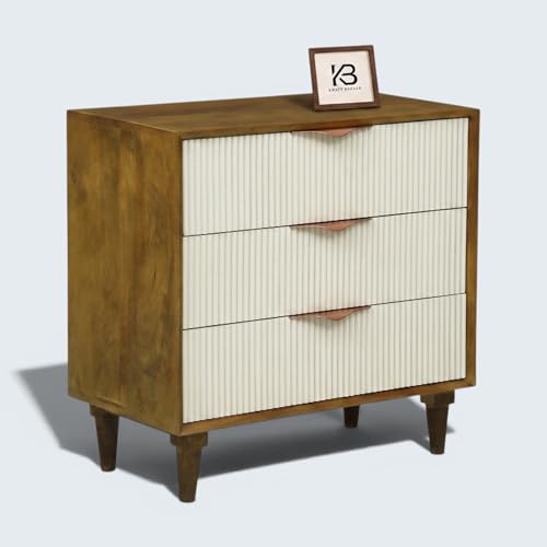 Image of Solid Wood Rodondo Chest of Drawers | Drawer Chest with 3 Drawers | Wooden Drawer Storage Cabinet | Finish- Premium Off White and Light Brown