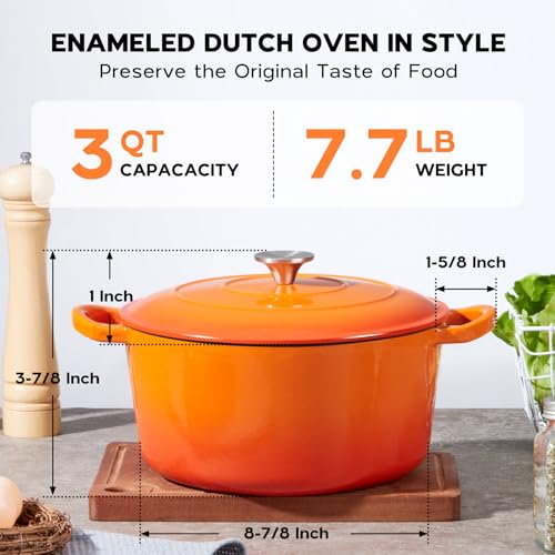 Onader 3QT Cast Iron Dutch Oven Pot with Lid, Round Dutch Oven for Sourdough Bread Baking, Small Enameled Heavy Duty Cookware - Orange