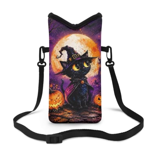 Image of Small Crossbody Bag for Women Men Waterproof Neoprene Phone Pouch with Shoulder Strap Mini Travel Bag for Cellphone Keys Lipstick, Wizard Cat Moon Pumpkin Violet