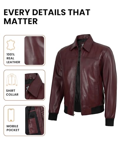 Image of Decrum Men's Bomber Leather Jacket - Vintage Style Real Lambskin Leather Jacket with Rib-Knit Cuffs and Hem