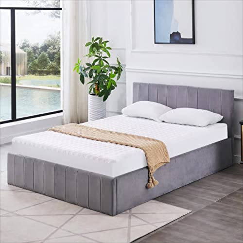 KOSY KOALA Grey Velvet Ottoman Storage Bed Upholstered Fabric Under Bed Gas Lifting Storage Lined Headboard Bed (4FT6 Double)