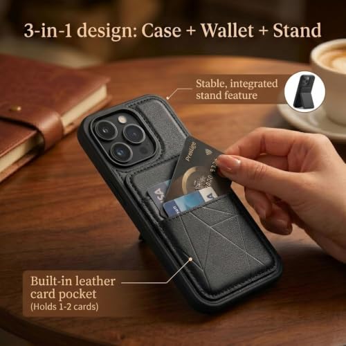 Image of amazon basics Premium Vegan Leather Back Cover with Card Holder and Integrated Mobile Stand for iPhone 14 Pro - Slim Shockproof Wallet Case with Geometric Stitching [Black]
