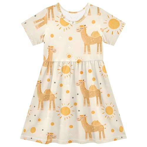 Cartoon Camel Sun Print Little Girls Short Sleeve Dress Casual Summer Party Skater Dresses for Kids 2-8T