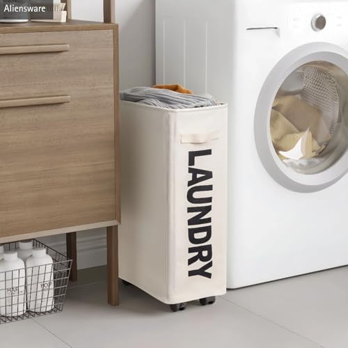 Image of Aliensware Laundry Basket Foldable with Wheels & Side Handle, Washing Clothes Storage Basket, Oxford Cloth Bin, Organizer, Movable Solution, Portable Laundry Bag, Collapsible Hamper,Aliens-Beige