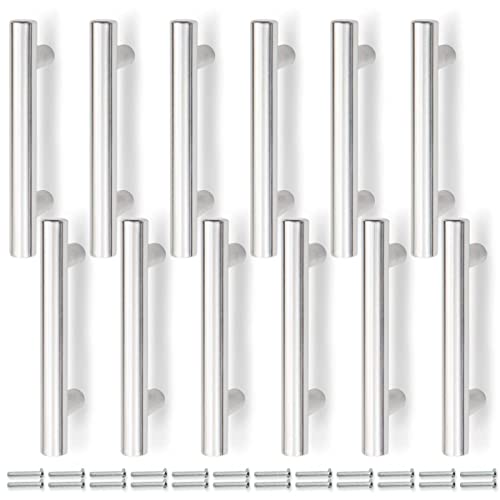 Bwintech 12 Pcs 100MM (64MM Hole Center) Satin Nickel Cabinet Pull Handles Kitchen T Bar Handles, Stainless Steel