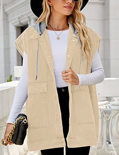 Image of PAODIKUAI Women's Oversized Denim Vest - Sleeveless Distressed Jean Vest with Pockets for Casual Layering