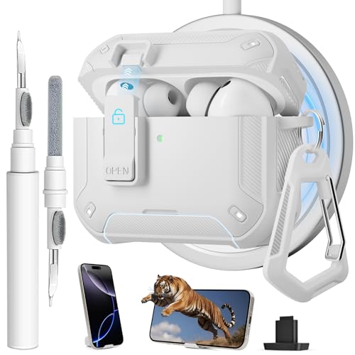 Image of for AirPods Pro 3 Case with Magnetic Lock and Phone Stand, Compatible with Magsafe Charging,with Carabiner&Cleaner kit for Apple iPod Pro 3rd Generation Cover(2025) Men Women (White)