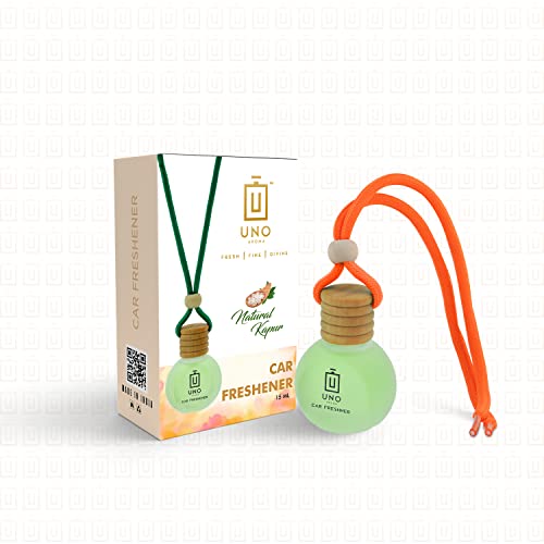 Image of UNO Aroma Car Air Freshener Scent, Long Lasting Car Perfume with Hanging Pod, Natural Essential Oil in Glass Bottle with Wooden Diffuser-15 Ml(Fragrance-Camphor,Last Upto-30 Days)