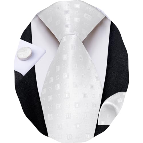 Image of DiBanGu Striped Tie Set for Men Silk Woven Plaid Necktie and Pocket Square Cufflinks Business Wedding