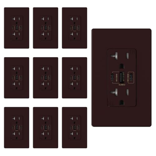 Image of ELEGRP USB Outlets, 30W 6.0 Amp USB C Outlets Receptacles, 3-Port USB Wall Outlet, 20 Amp Tamper-Resistant Outlet with 2 USB C Ports, UL Listed, Screwless Wall Plate Included, 10 Pack, Matte Brown