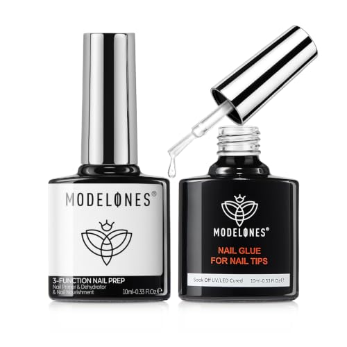 Image of modelones 10 in One Gel Nail Glue and Dehydrator & Primer Nourishing Prep Kit for Nail Tips, Acrylic & False Press On Nails, Strong Adhesive Bond for Long-lasting Nails Base Coat Supports Growth