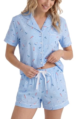 Image of LUBOT 100% Cotton Pajamas for Women 2 Piece PJ Set Button-Down Soft Knit Short Sleeve Summer Sleepwear Loungewear XS-XXL