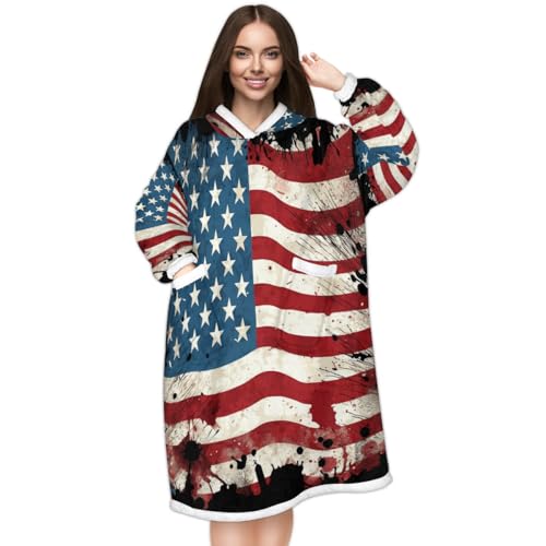 Vintage American Flag Wearable Blanket Hoodie for Women Men Adults, 4th of July USA Flas Oversized Sweatshirt Blanket Warm Cozy Sherpa Hooded Blanket with Pocket