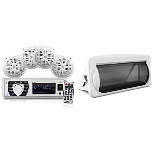 Marine Radio Receiver Speaker Set 12v Single Din Style Bluetooth Compatible Waterproof Digital Boat in Dash Console System (White) & Water Resistant Marine Stereo Cover - Pyle PLMRCW2,White