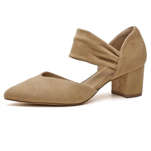 Volattio Women's Pumps Closed Toe Low Chunky Heels Dress Shoes for Women Comfortable Dressy Party Wedding Bridal Shoes Beige Size 9.5 Wide Width
