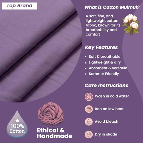 Image of 100% Pure Cotton Mulmul Fabric Material | Reusable Fine Mulmul Fabric | Lightweight Soft Smooth Piece Linning, Stole, Dupatta, Cushion Pillow Cover (Violet Tulip, 5 Meters)