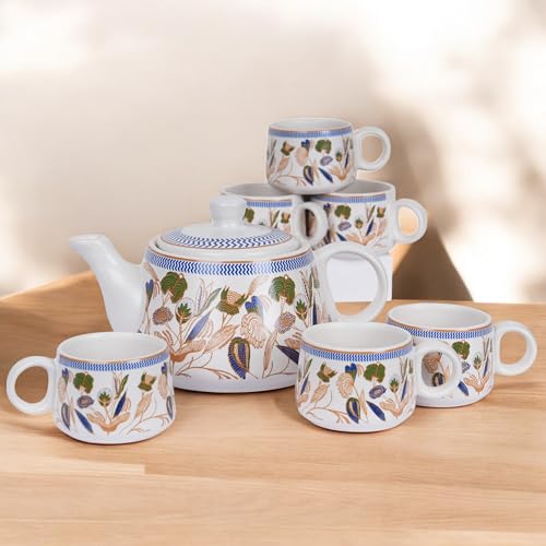 Image of CRAF10 Handcrafted Ceramic Botanic Gold Teapot Cup Set - 1 Kettle (1 Litre) & 6 Cups (160 ML), Microwave & Dishwasher Safe | Morning Set | Tea Sets with Kettle for Gifting