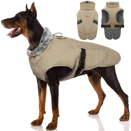 Dog Jacket Winter Coat Waterproof, Warm Outfit Vest Thick Fleece Lined Padded Cotton Dog Winter Clothes Cozy Snowproof Cold Weather Warm Suit(Khaki, L)