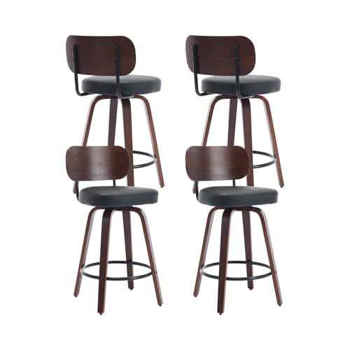 Image of Shenyon Counter Stools Set of 4, 26 inch Swivel Counter Height Bar Stools with Walnut Back,Upholstered PU Leather, Bentwood Legs, Mid Century Modern Bar Chairs for Kitchen Island, Black