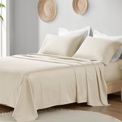 Image of Madison Park Organic Cotton Sheets 300TC, Queen Size Bed Set, Taupe 4 Piece | Soft & Breathable Cotton Bed Sheets, Elastic Deep Pocket, Fits Up to 18 inch Mattress, All Seasons Cozy Lightweight Bedding