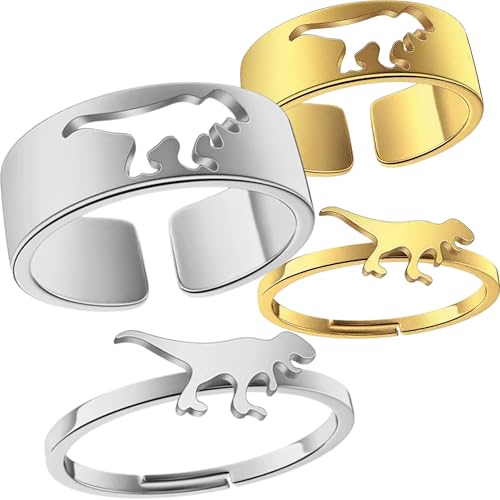 Image of Dinosaur Ring Set | 2 Pcs - Cute Tyrannosaurs & Triceratops Adjustable Couple Friendship Matching Ring, kawaii, cute, animal, cool, Friends, Rex Dinosaur Puzzle Ring (Gold)