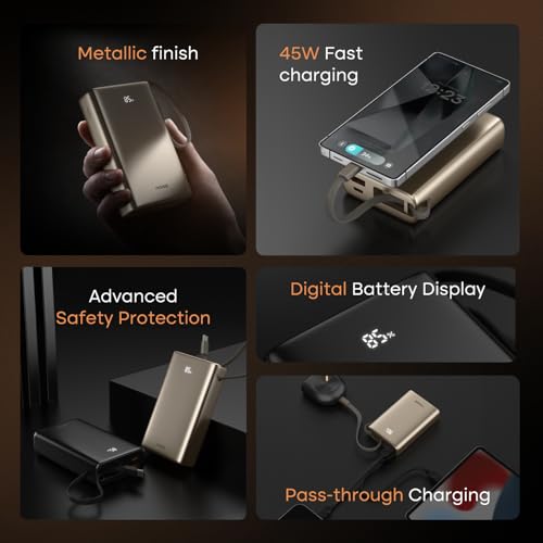 Image of Noise India's 1st Power Bank 20000mAh 45W Ultra Fast Charging: Built-in Type-C Cable, Digital Battery%, Advanced Safety, Metallic Finish, Triple Output, BIS Certified (Silver)