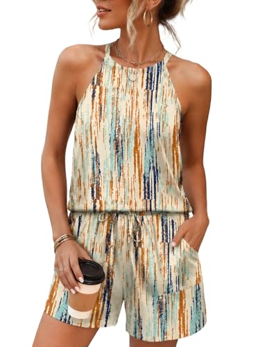 Image of Rapbin 2 Piece Short Sets for Women Casual Vacation Summer Outfits Sleeveless Halter Tops Loose Fit