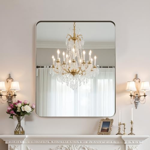 Image of 36 inchx30 inch Bathroom Vanity Mirror for Wall Aluminum Framed Farmhouse Rectangle | Anti-Rust, HD Reflection Anti-Desilvering, Distortion Free, Tempered and Shatter-Proof Wall Mounted Mirror, Brushed Nickel