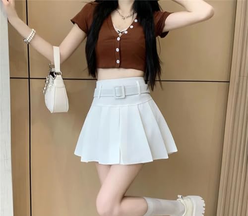 Womens Fashion High Wasit Belt Skirt Solid Color A-Line Pleated Short Skirt Summer Beach Skirt4