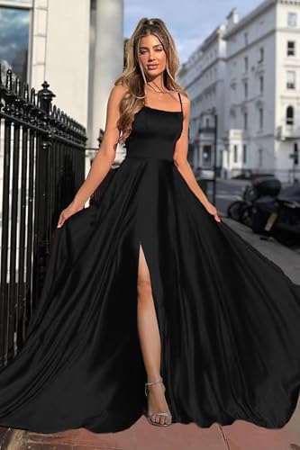 Image of MisShow Champagne Bridesmaid Dresses Side Slit SatinLong Formal Evening Dresses Evening Prom Gown for Women Anniversary L