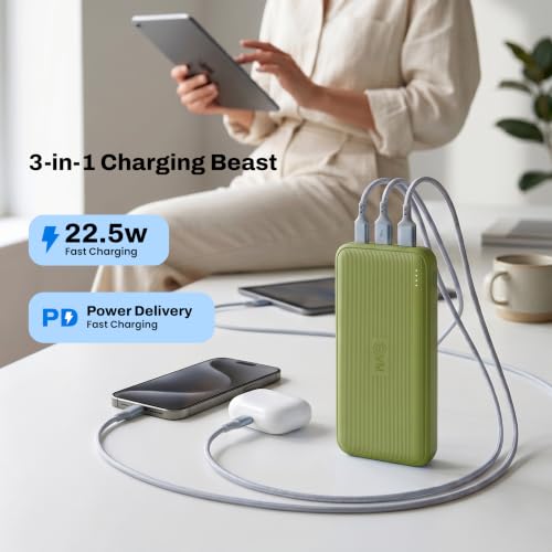 Image of EVM EnConnect 10000mAh Power Bank| 22.5 W Fast Charging | Built-in Type-C & Compact Portable Charger with USB & Type-C Output | for iPhone Android, Pocket Size | 2 Year Warranty(EVM-P0501-Olive Green)